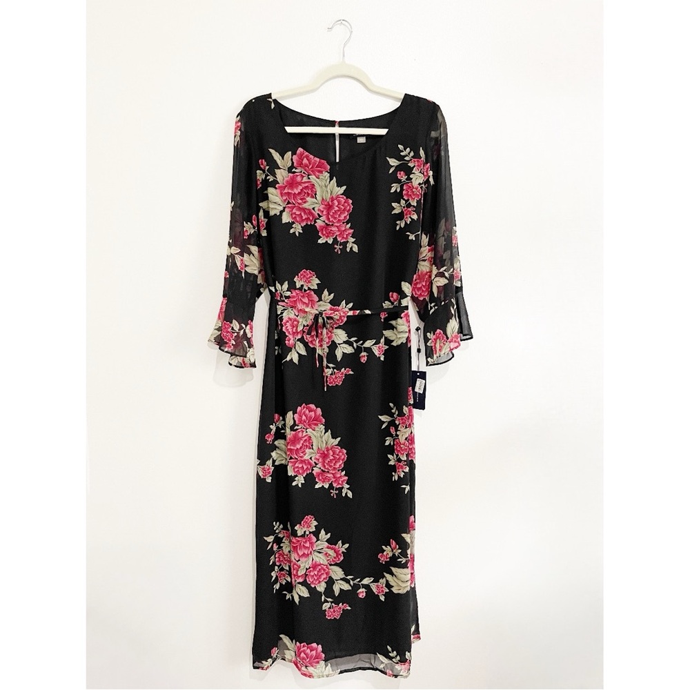 NWT Tommy Hilfiger Floral Chiffon Boho Maxi Dress 3/4 Sheer Flutter Sleeve Sz 12
